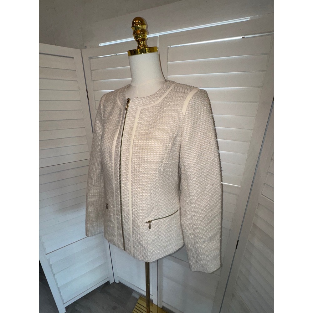 Karl Lagerfeld Paris Tweed Jacket Womens Cream Gold Zip Professional Size 8 - Picture 4 of 7
